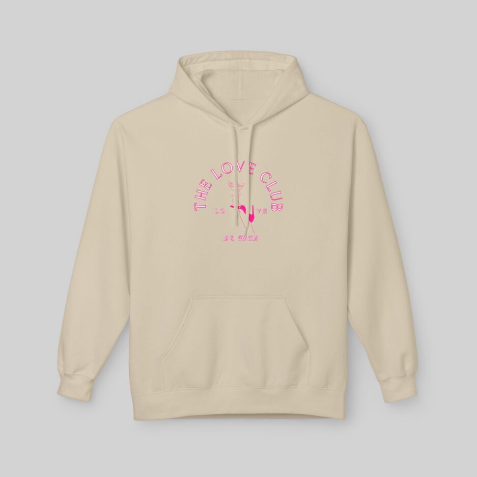 Beige Sabrina Carpenter Love Club Hoodie with pink text and design on a light gray background