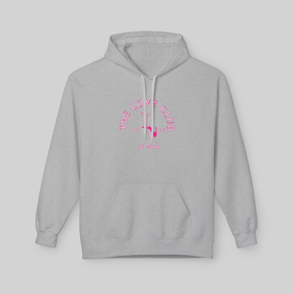Gray Sabrina Carpenter Love Club Hoodie with pink text on a light gray background