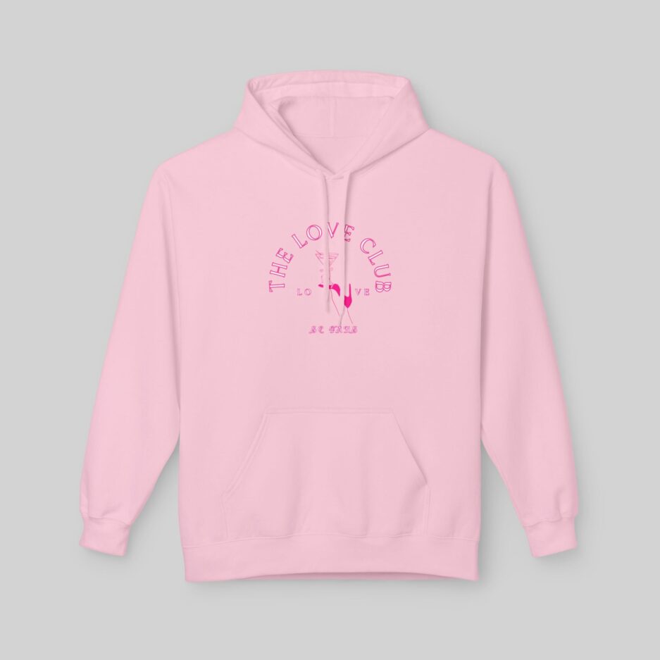 Pink Sabrina Carpenter Love Club Hoodie with 'The Love Club' text and flamingo graphic on a gray background