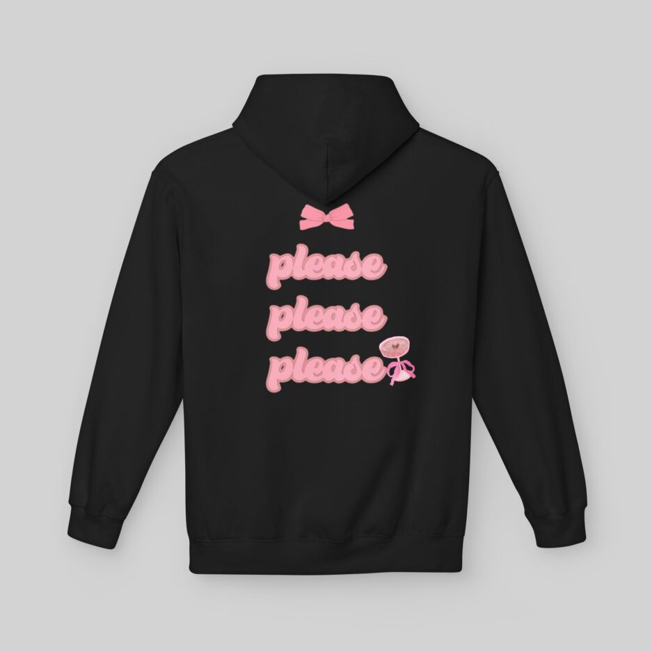 Black Sabrina Carpenter Lover Hoodie with pink text and graphics on a gray background