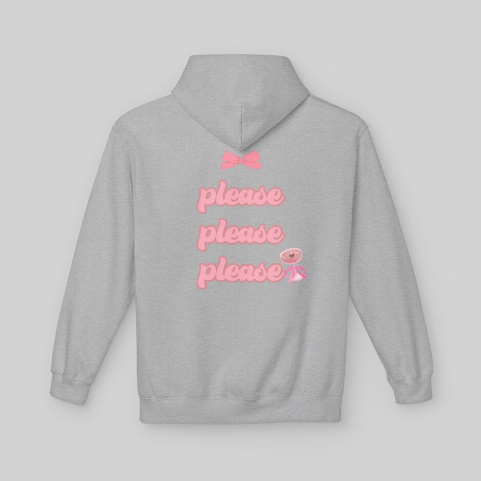 Gray Sabrina Carpenter Lover Hoodie with pink text and graphics on a light gray background