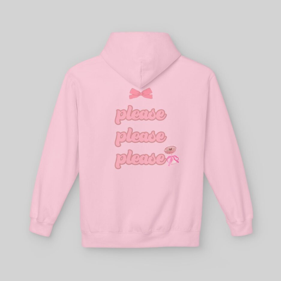 Pink Sabrina Carpenter Lover Hoodie with 'please please please' text on a gray background