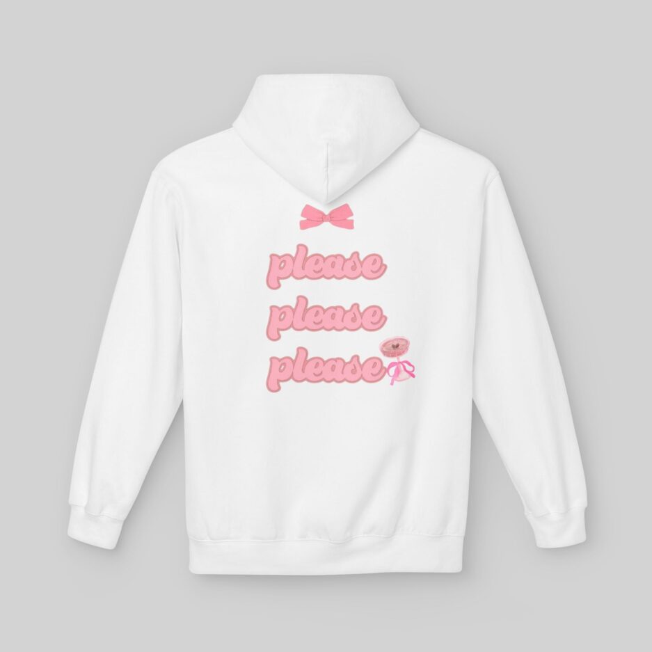 White Sabrina Carpenter Lover Hoodie with pink text and graphics on a gray background