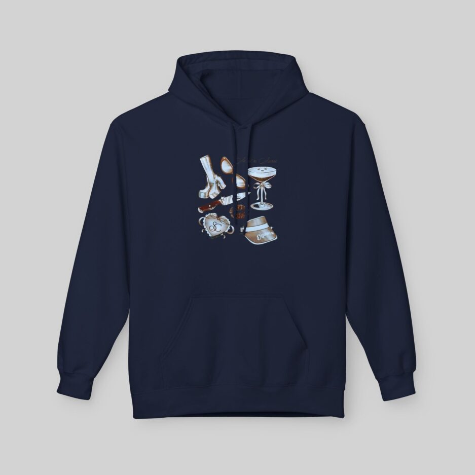 Navy blue Sabrina Carpenter Lover Hoodie with graphic design on a light gray background