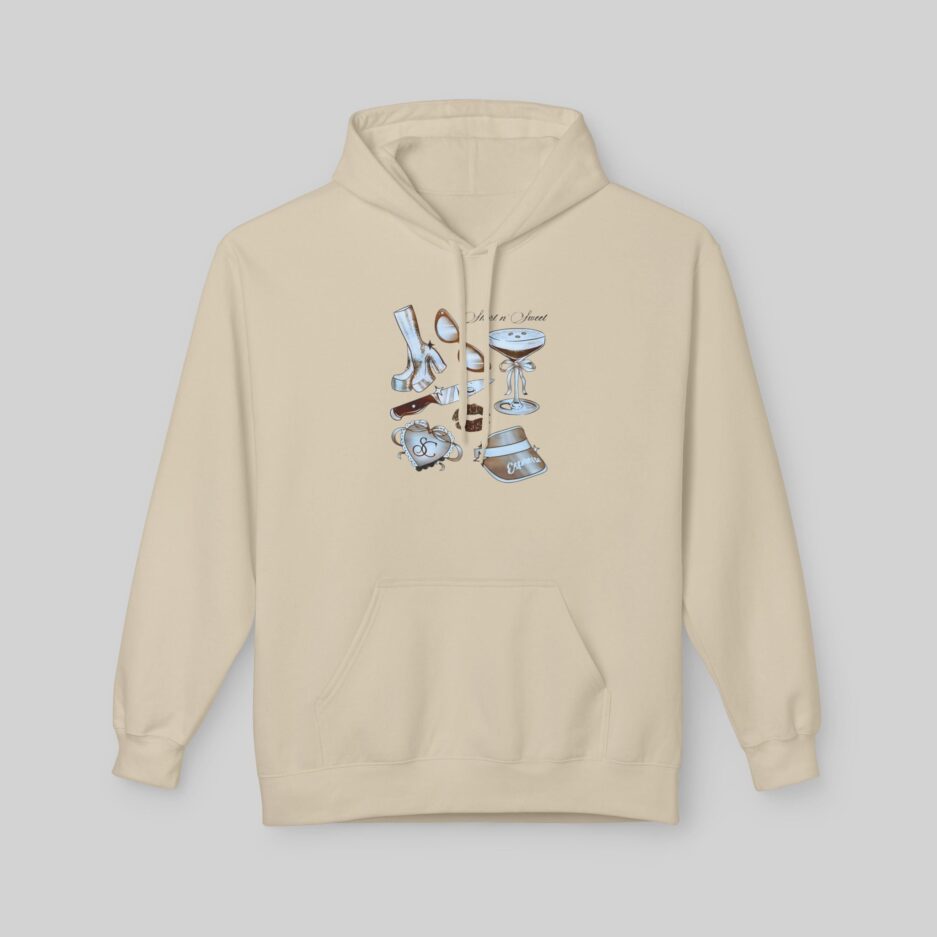 Beige Sabrina Carpenter Lover Hoodie with coffee-themed graphic on a light gray background