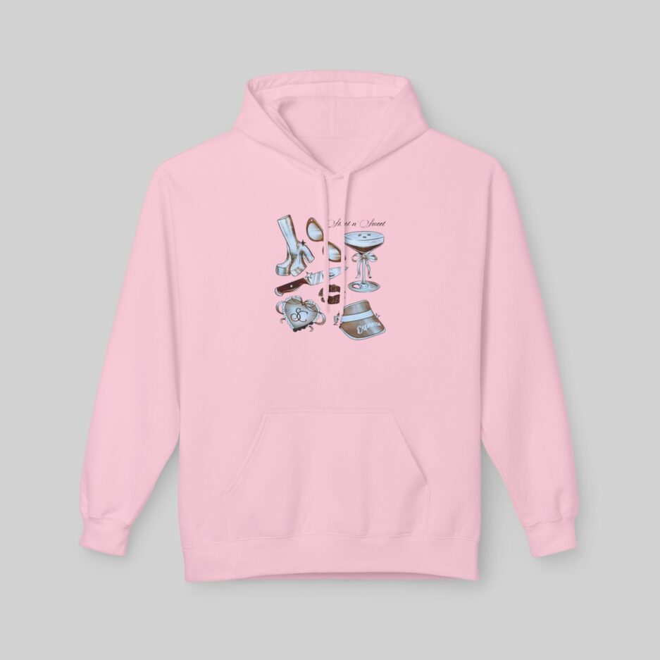 Pink Sabrina Carpenter Lover Hoodie with graphic design on a gray background
