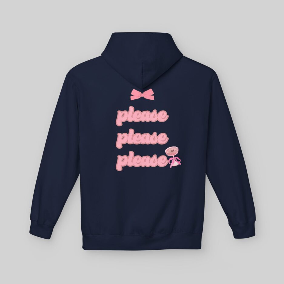 Navy blue Sabrina Carpenter Lover Hoodie with pink text and graphics on a gray background