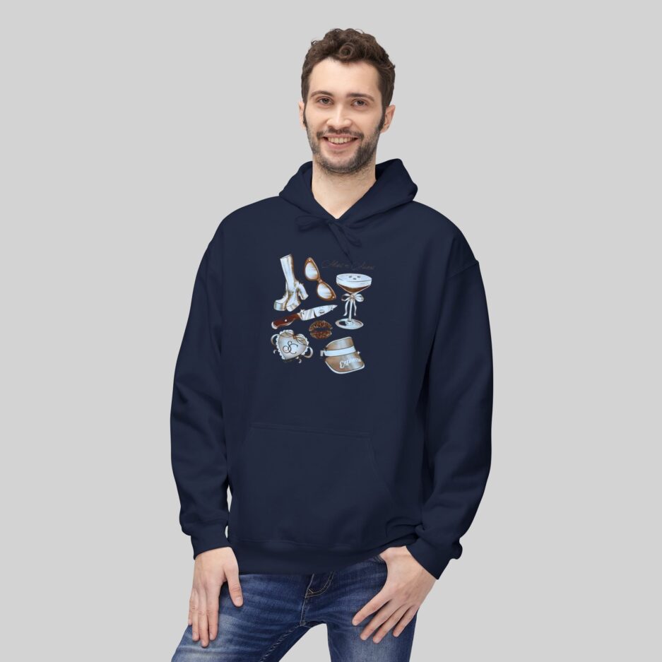 Man wearing a navy blue Sabrina Carpenter Lover Hoodie with a coffee-themed design on a light gray background