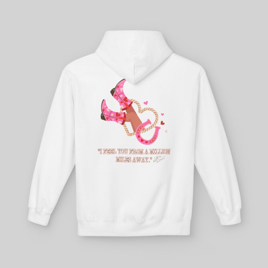 White Sabrina Carpenter Romantic Message Hoodie with pink and brown design on the back against a gray background