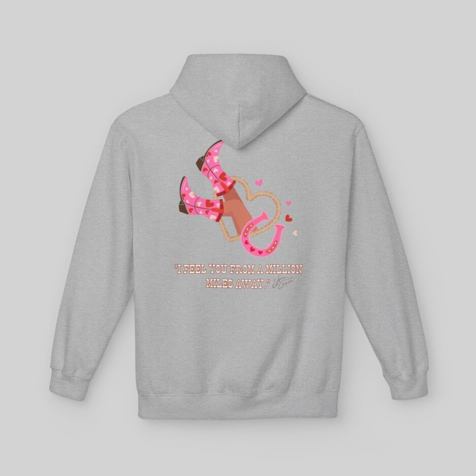 Gray Sabrina Carpenter Romantic Message Hoodie with pink and brown design on the back against a light gray background