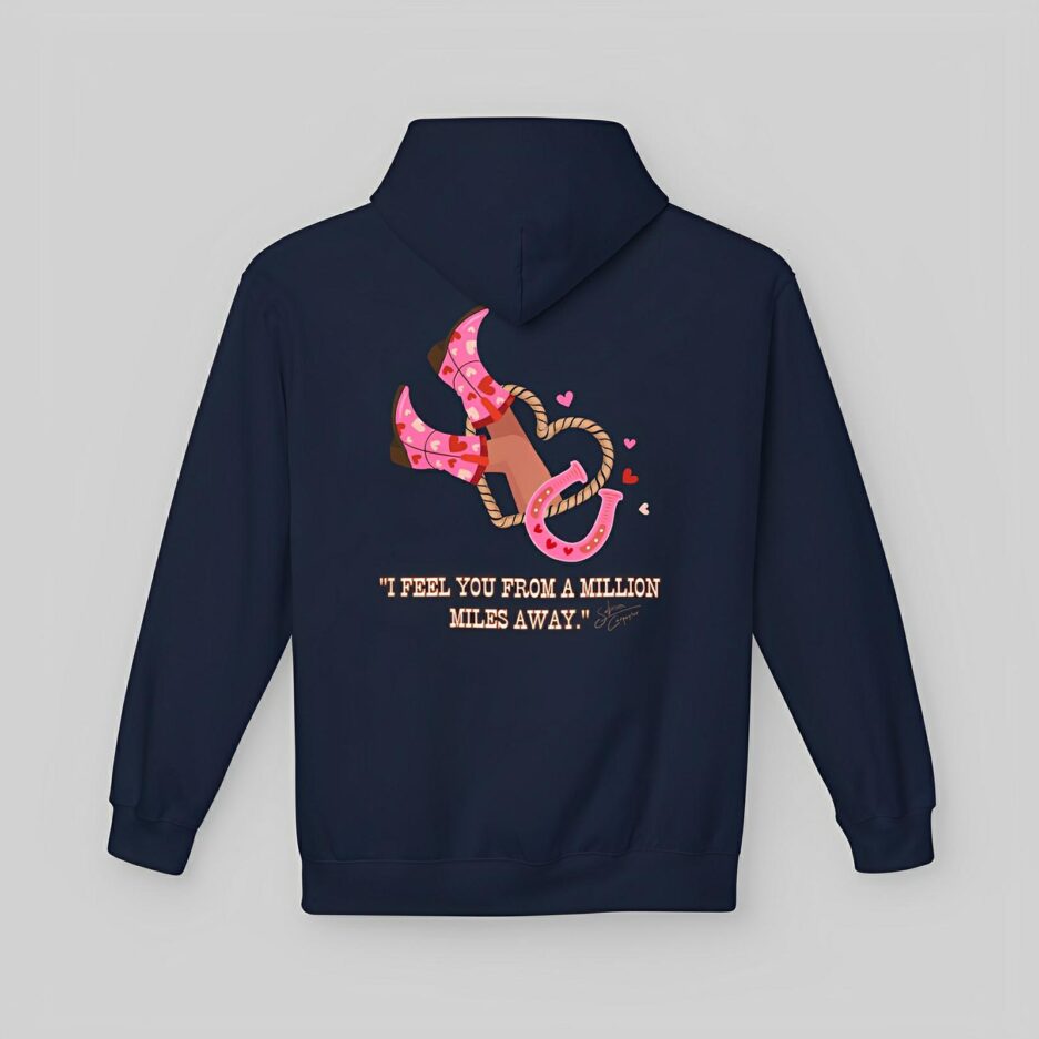 Navy blue Sabrina Carpenter Romantic Message Hoodie with a graphic design and text on the back against a light gray background