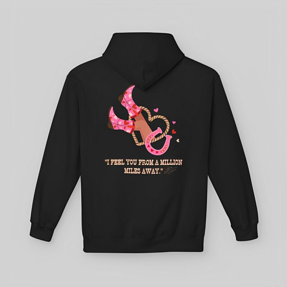 Black Sabrina Carpenter Romantic Message Hoodie with a graphic design and text on the back against a gray background