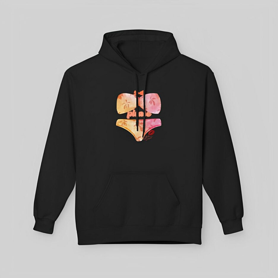 Black Sabrina Carpenter Romantic Message Hoodie with a colorful graphic on a gray background