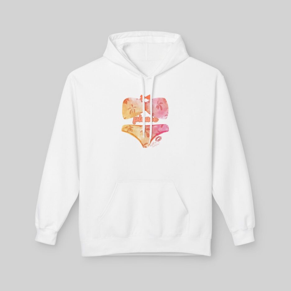 White Sabrina Carpenter Romantic Message Hoodie with a colorful graphic on the chest against a gray background
