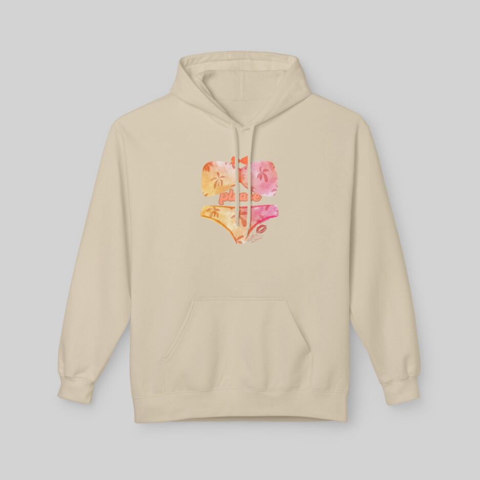 Beige Sabrina Carpenter Romantic Message Hoodie with a colorful heart design on a light gray background