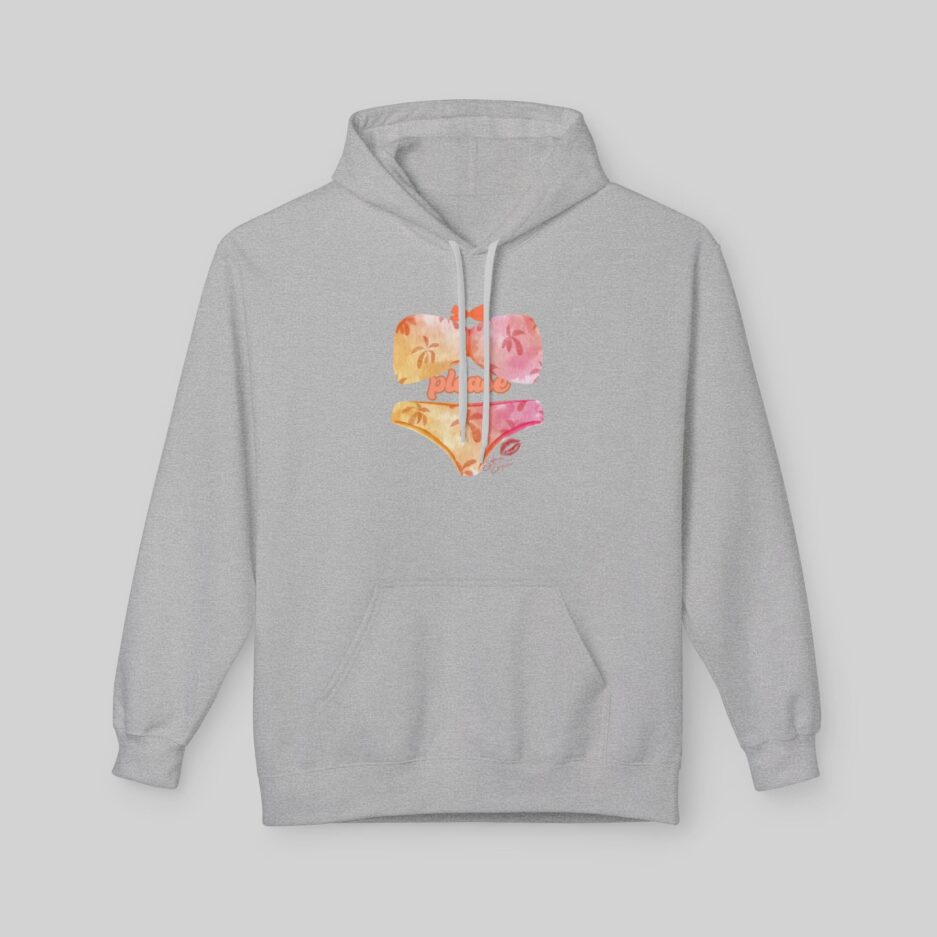 Gray Sabrina Carpenter Romantic Message Hoodie with a colorful heart design on a light gray background
