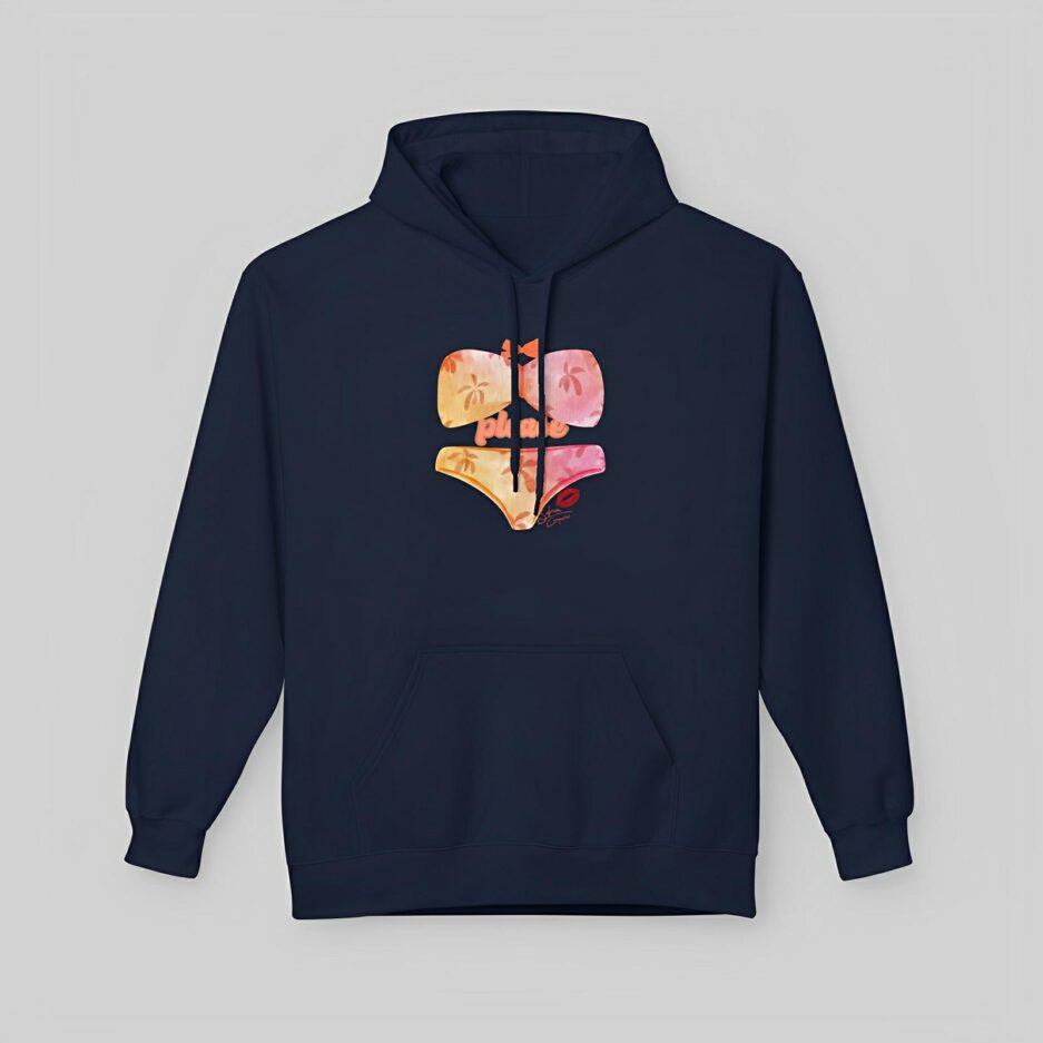Navy blue Sabrina Carpenter Romantic Message Hoodie with a colorful graphic on a light gray background