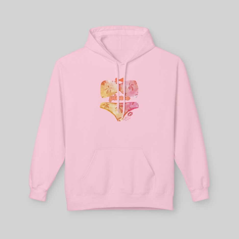 Pink Sabrina Carpenter Romantic Message Hoodie with a colorful heart design on a gray background