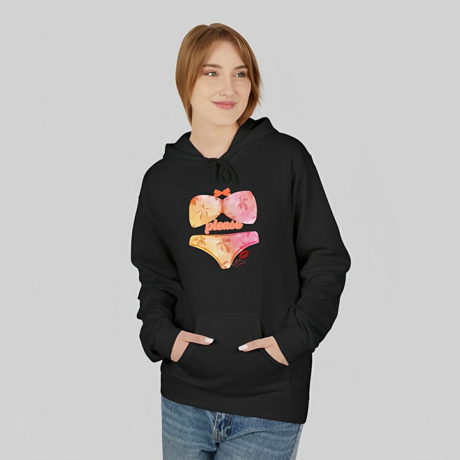 Person wearing a black Sabrina Carpenter Romantic Message Hoodie with a colorful graphic design on a plain background