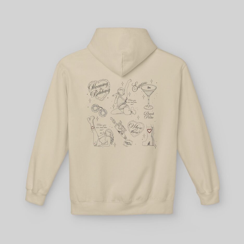 Beige Sabrina Carpenter Short N' Sweet Tour Hoodie with black graphics on a light gray background
