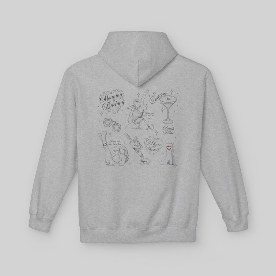 Gray Sabrina Carpenter Short N' Sweet Tour Hoodie with graphic designs on the back against a light gray background