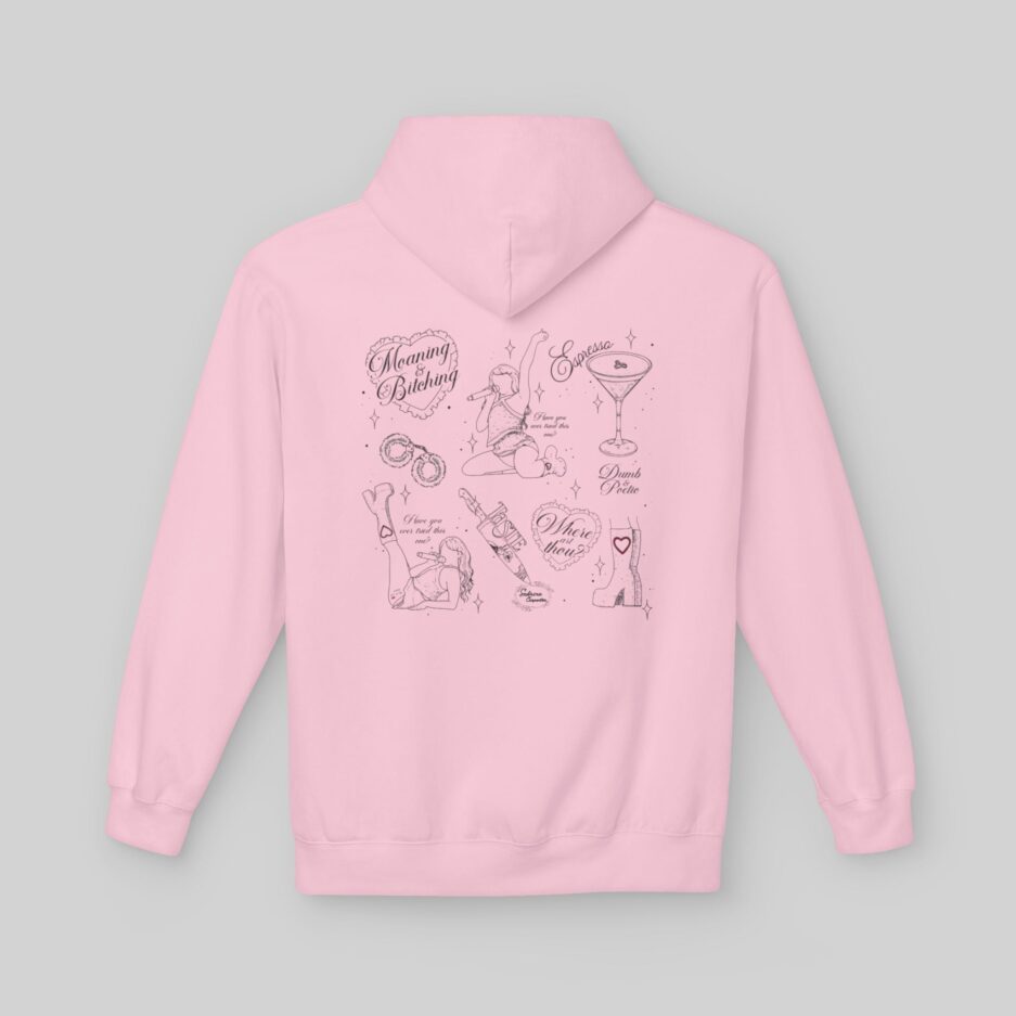 Pink Sabrina Carpenter Short N' Sweet Tour Hoodie with graphic designs on the back against a gray background