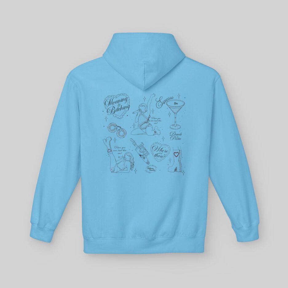 Light blue Sabrina Carpenter Short N' Sweet Tour Hoodie with black graphics and text on a gray background
