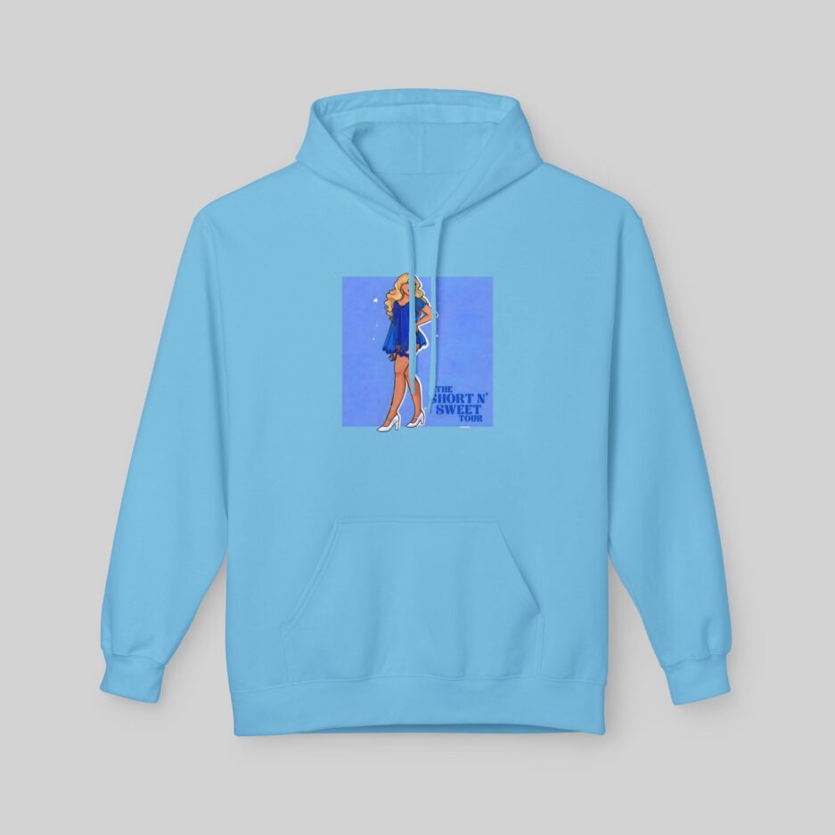 Light blue Sabrina Carpenter Short N' Sweet Tour Hoodie with graphic design on a gray background