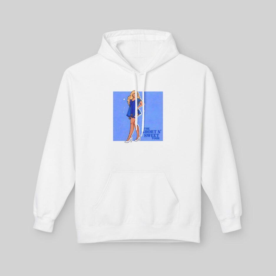 White Sabrina Carpenter Short N' Sweet Tour Hoodie with graphic design on a gray background