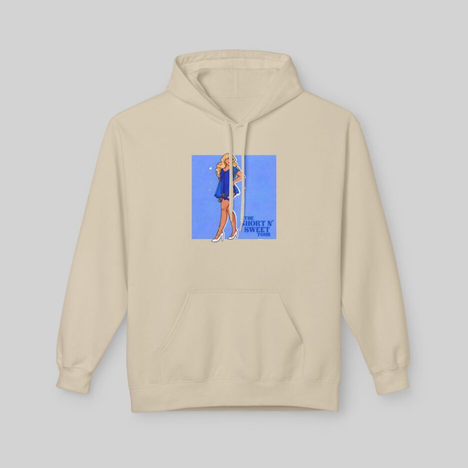 Beige Sabrina Carpenter Short N' Sweet Tour Hoodie with graphic design on a light gray background