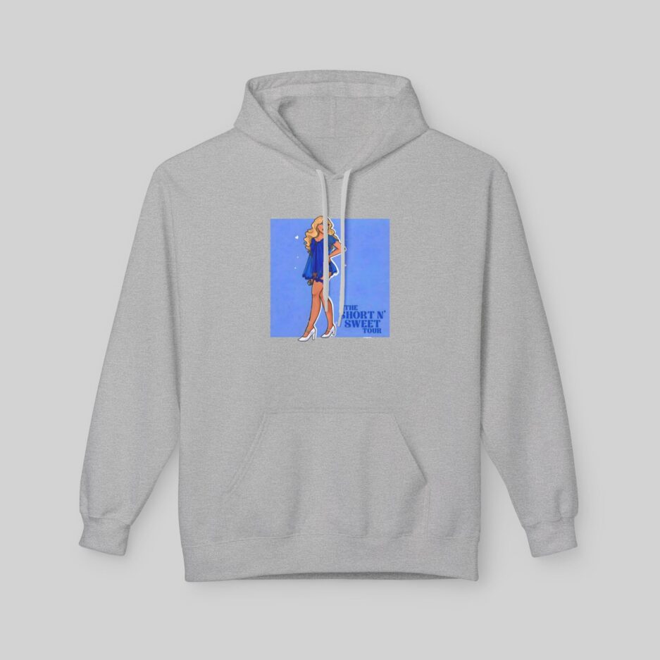 Gray Sabrina Carpenter Short N' Sweet Tour Hoodie with a graphic of a woman in a blue dress on a gray background