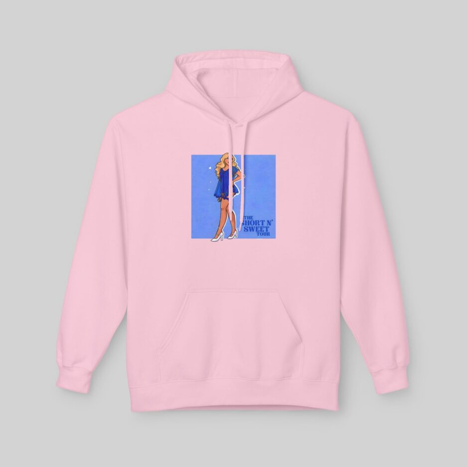 Pink Sabrina Carpenter Short N' Sweet Tour Hoodie with a graphic of a woman in a blue dress on a gray background