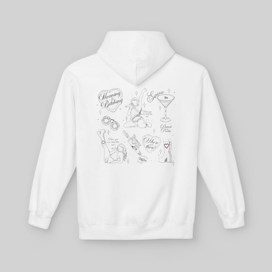 White Sabrina Carpenter Short N' Sweet Tour Hoodie with black graphics on a gray background