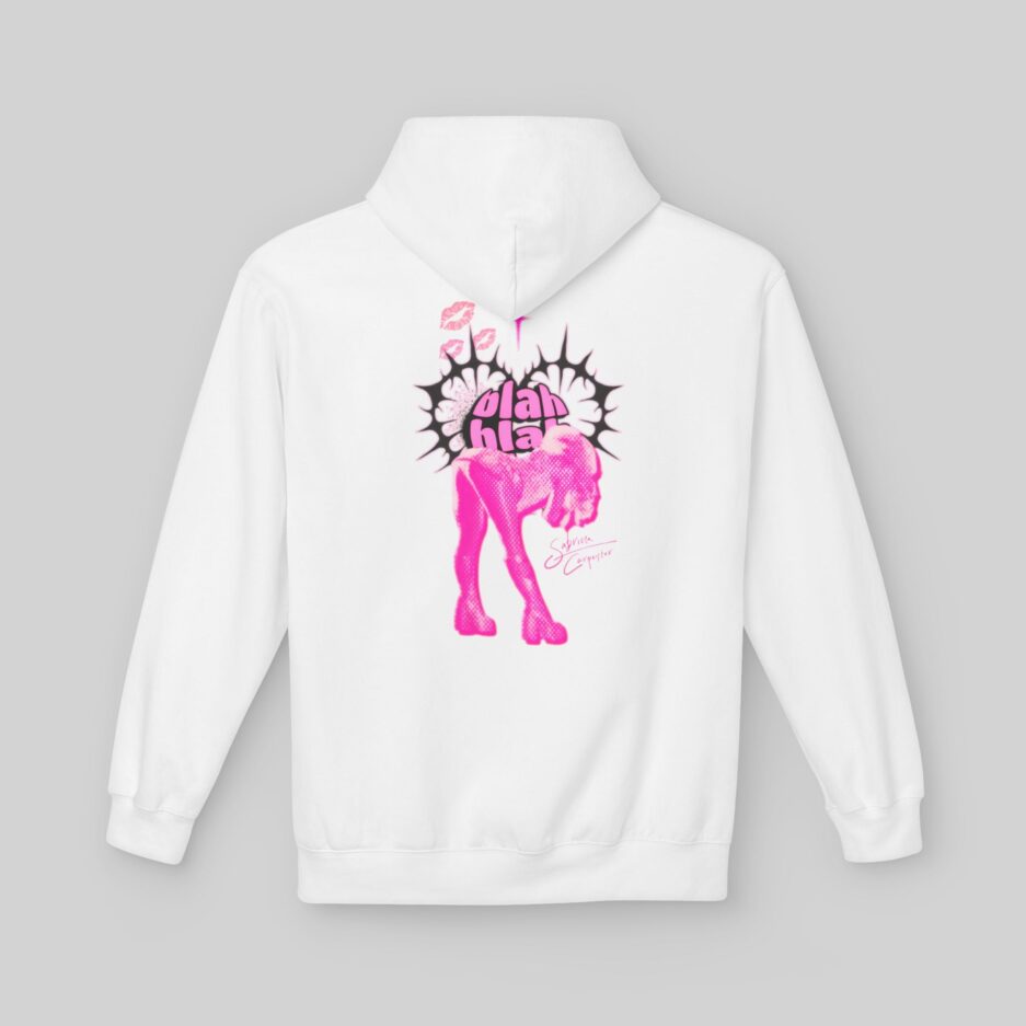 White Sabrina Carpenter Short n' Sweet Hoodie with pink graphic design on a gray background