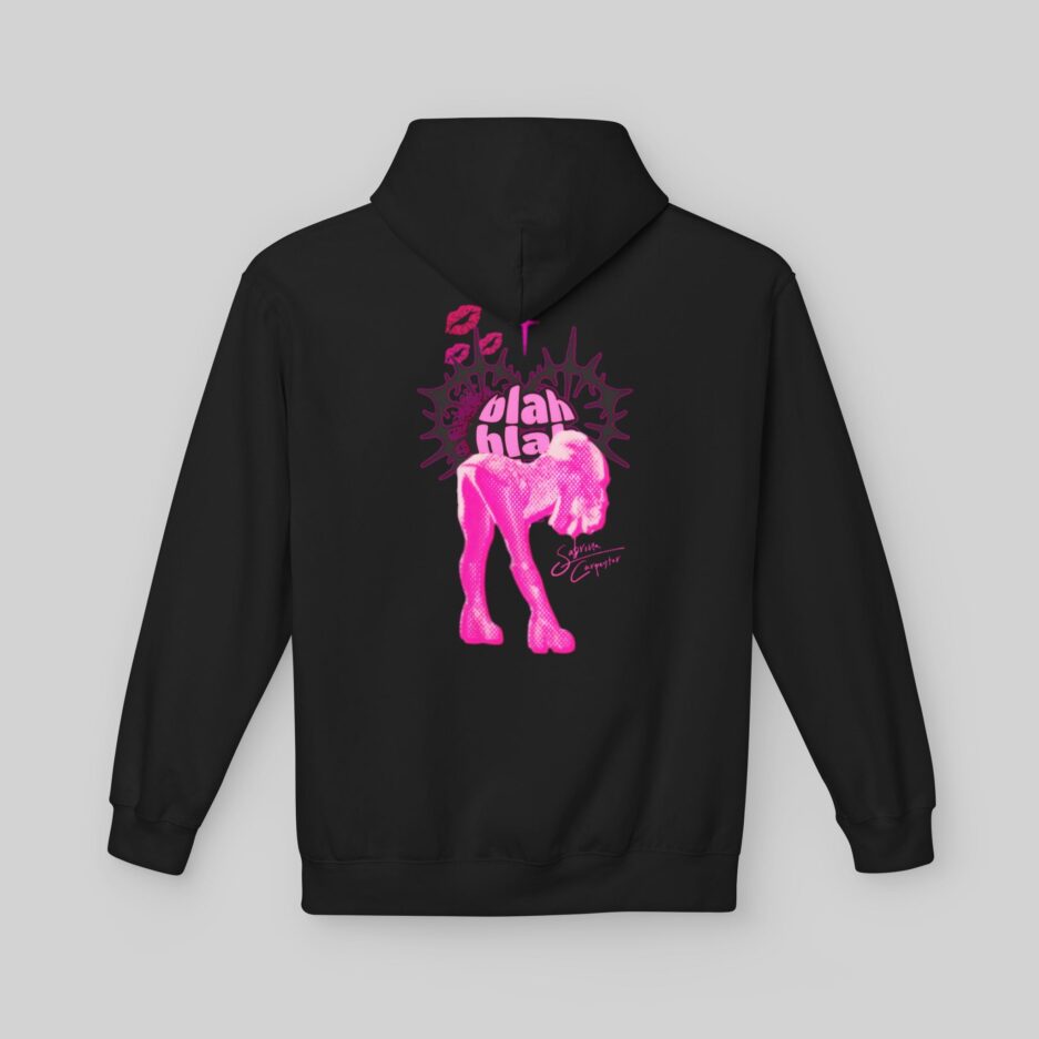 Black Sabrina Carpenter Short n' Sweet Hoodie with pink graphic design on a gray background