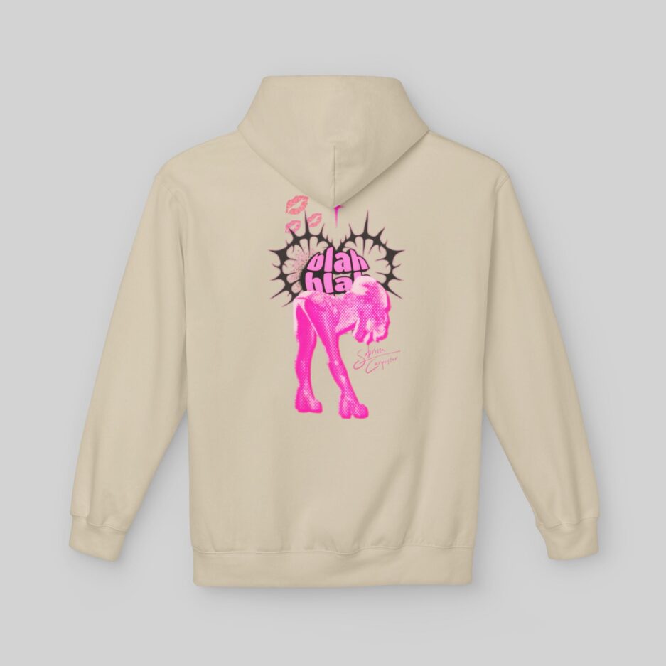 Beige Sabrina Carpenter Short n' Sweet Hoodie with pink graphic design on the back against a light gray background