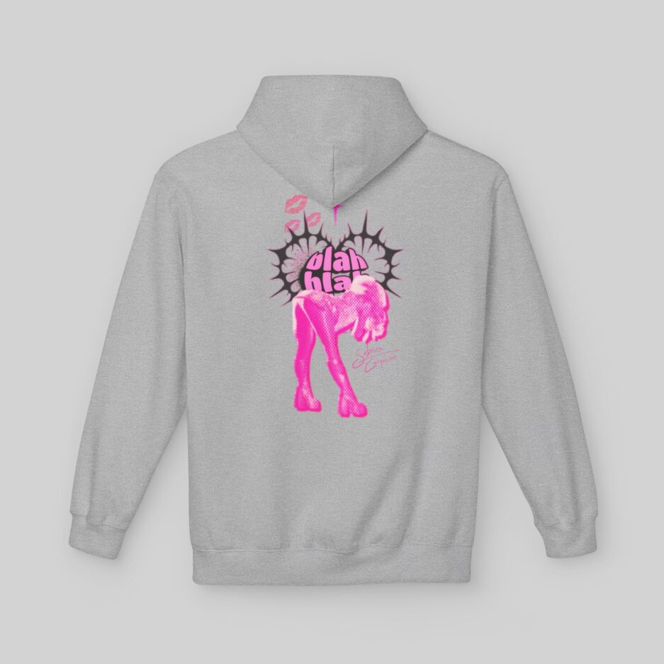Gray Sabrina Carpenter Short n' Sweet Hoodie with pink graphic design on the back against a light gray background