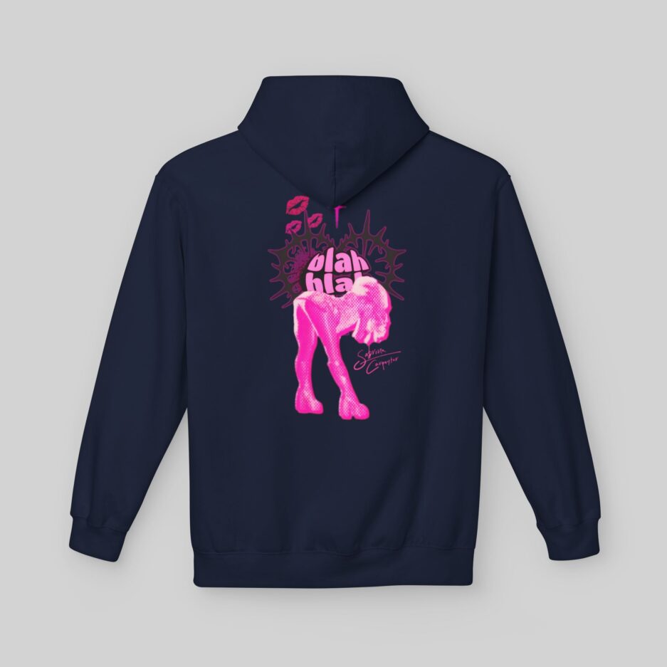 Navy blue Sabrina Carpenter Short n' Sweet Hoodie with pink graphic design on the back against a gray background