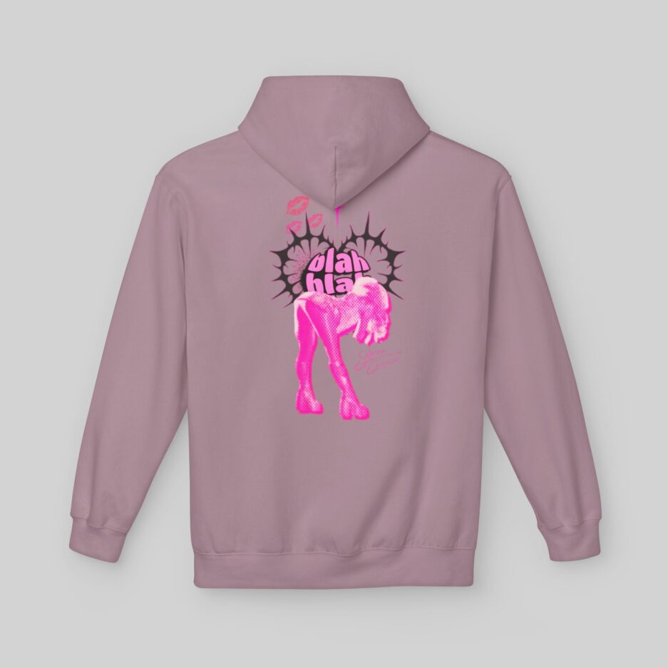 Pink Sabrina Carpenter Short n' Sweet Hoodie with a graphic design on the back against a light gray background