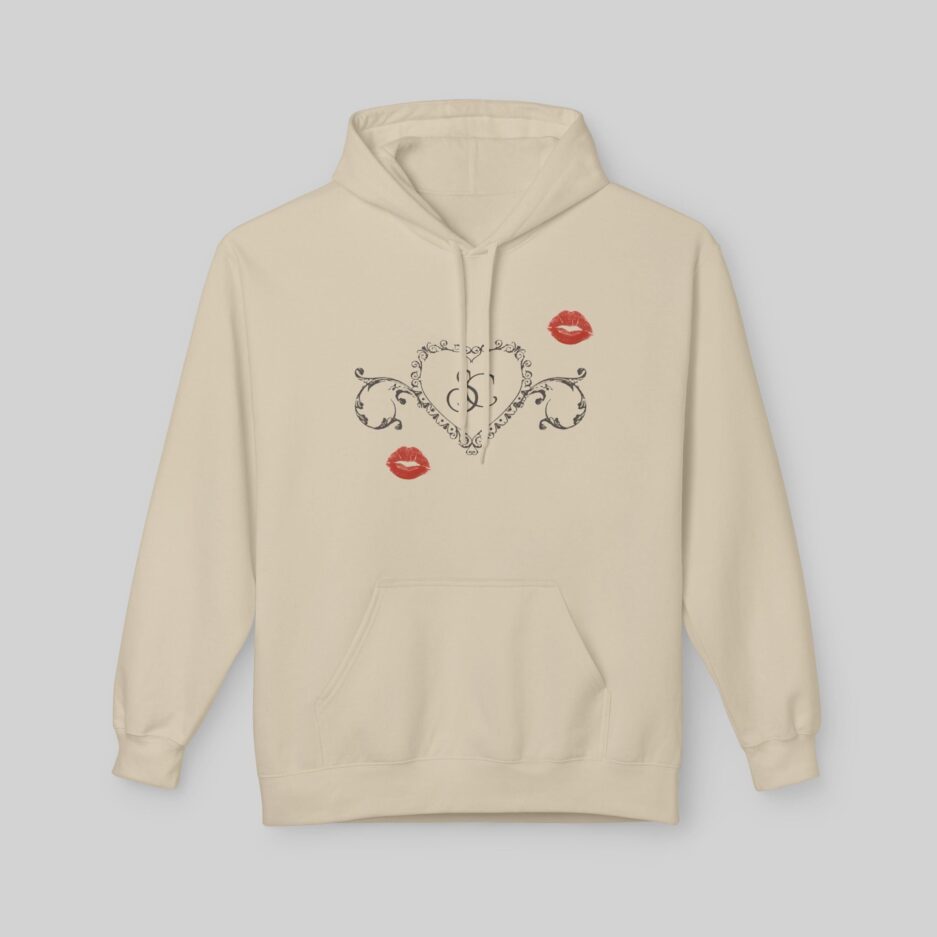 Beige Sabrina Carpenter Short n’ Sweet Hoodie with decorative heart and lip designs on a light gray background