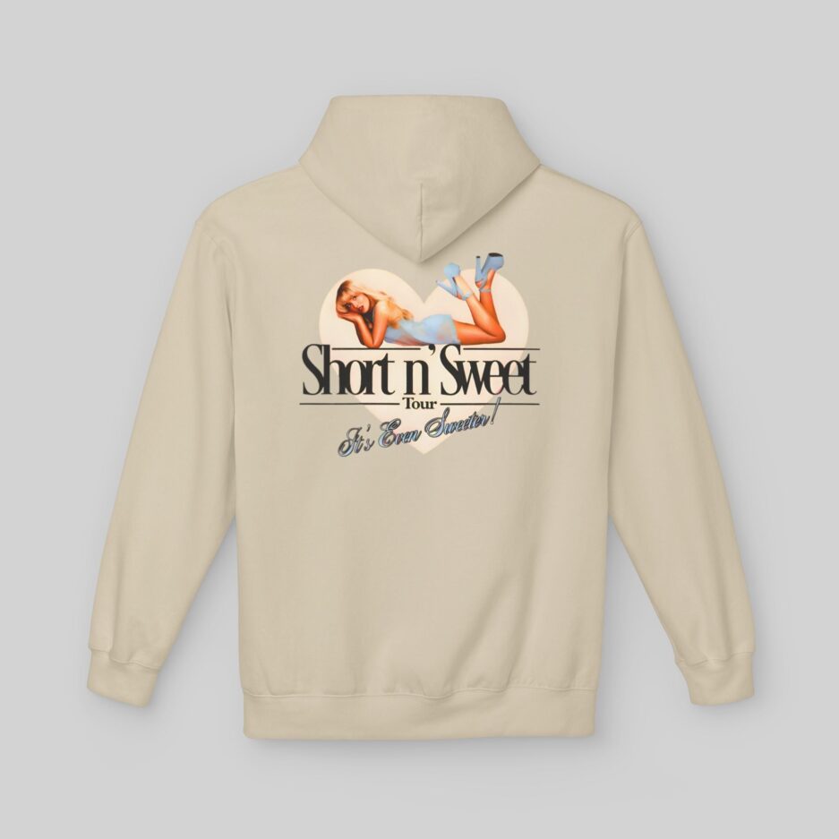 Beige Sabrina Carpenter Short n’ Sweet Hoodie with graphic design on the back against a light gray background
