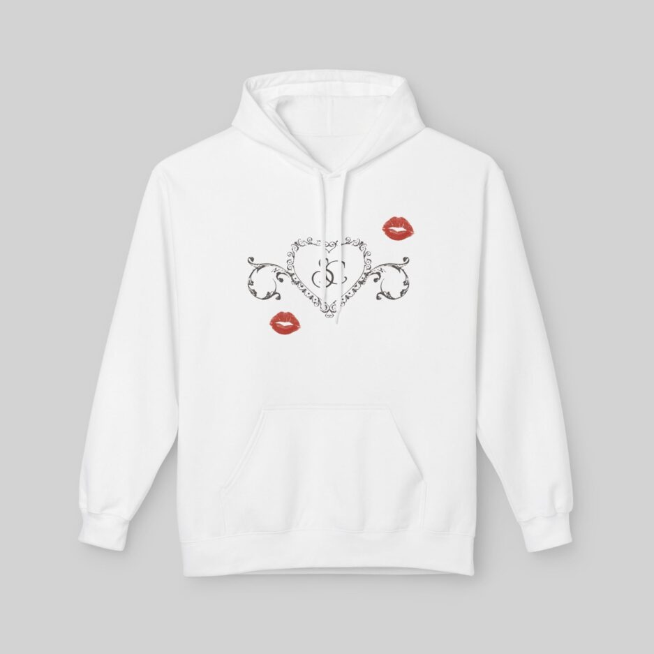 White Sabrina Carpenter Short n’ Sweet Hoodie with decorative design on a gray background