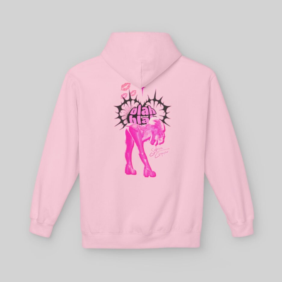 Pink Sabrina Carpenter Short n' Sweet Hoodie with a graphic design on the back against a gray background