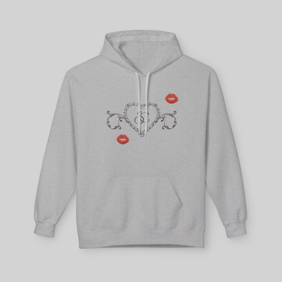 Gray Sabrina Carpenter Short n’ Sweet Hoodie with decorative heart and lips design on a light gray background