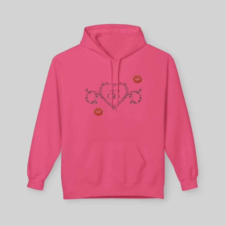Pink Sabrina Carpenter Short n’ Sweet Hoodie with decorative design on a gray background