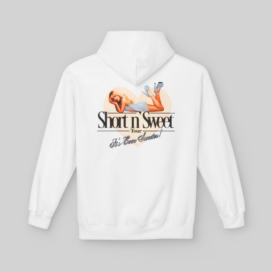 White Sabrina Carpenter Short n’ Sweet Hoodie with graphic design and text on a gray background