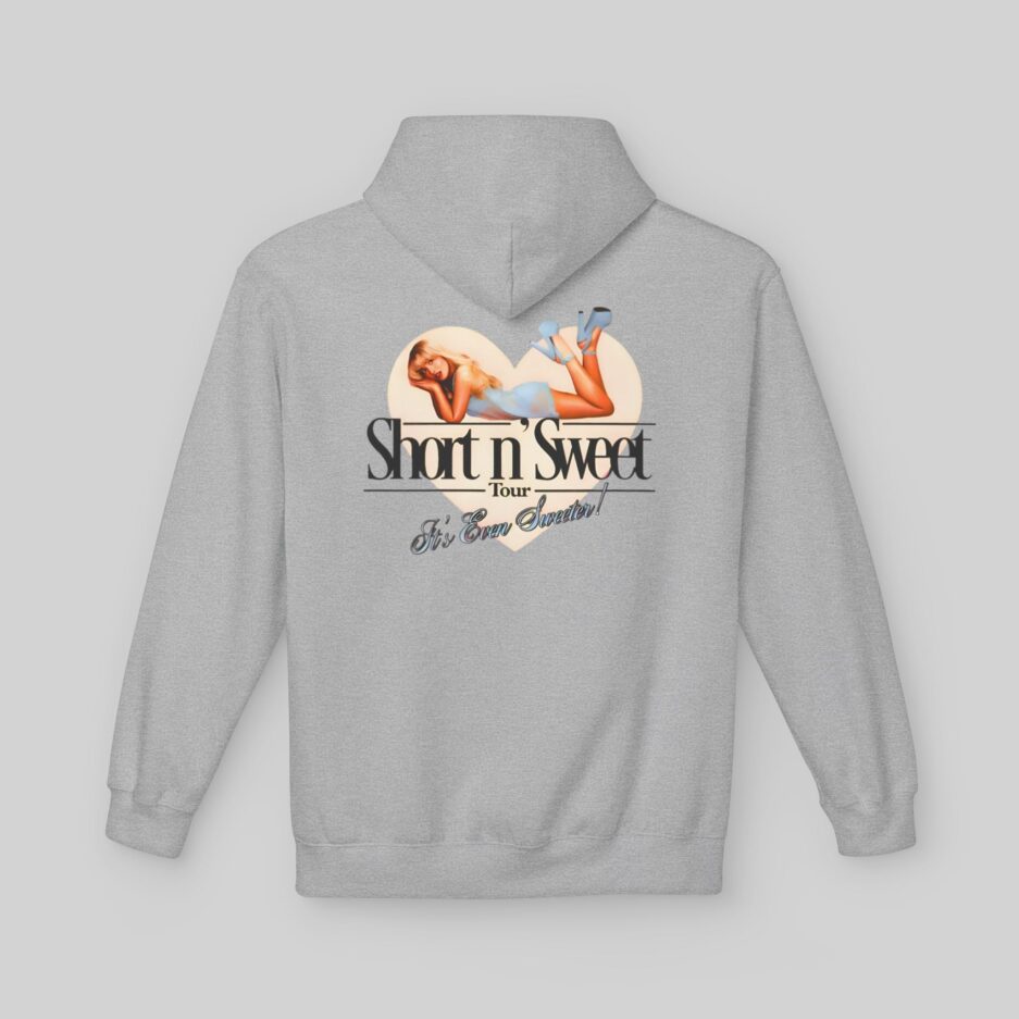 Gray Sabrina Carpenter Short n’ Sweet Hoodie with 'Short n' Sweet Tour' graphic on the back against a light gray background