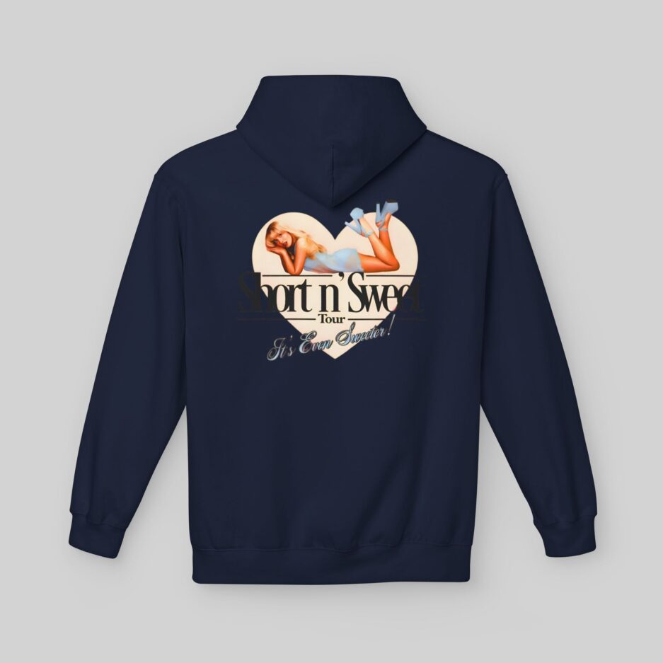 Navy blue Sabrina Carpenter Short n’ Sweet Hoodie with graphic design on the back against a light gray background