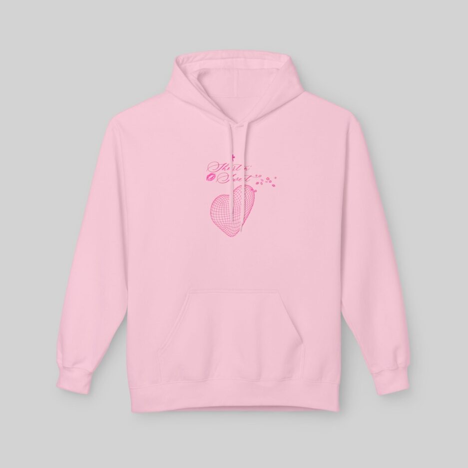 Pink Sabrina Carpenter Short n' Sweet Hoodie with a heart design on a gray background