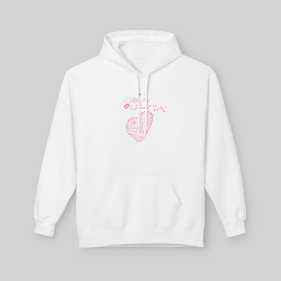White Sabrina Carpenter Short n' Sweet Hoodie with pink heart design on a gray background